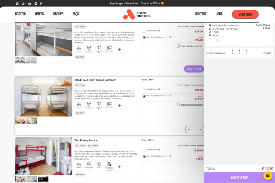 Astor Hostel booking engine by The Percentage App